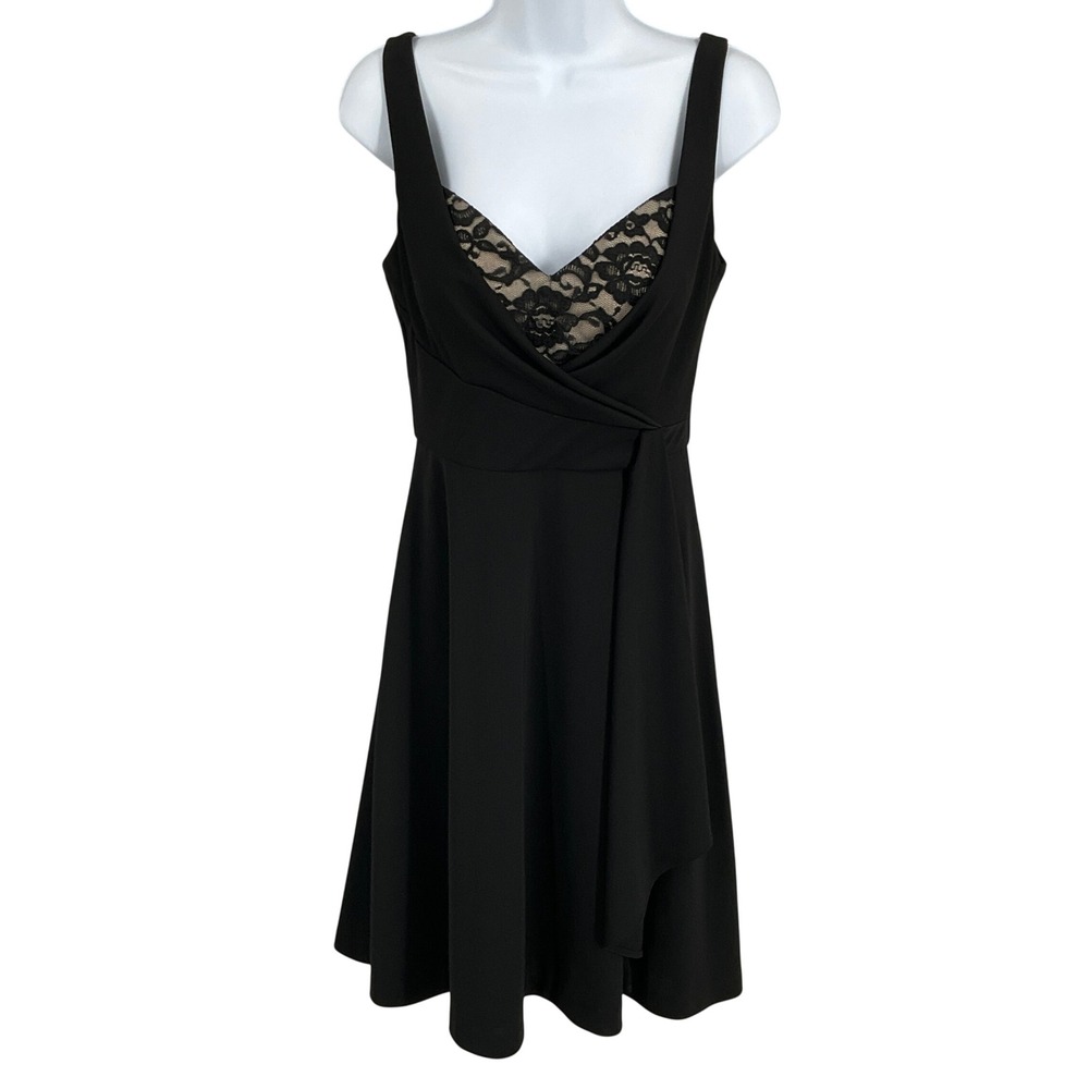 WHBM Dress Womens 4 Black Lace Trim Cocktail V-Back Party Wedding Guest Timeless
